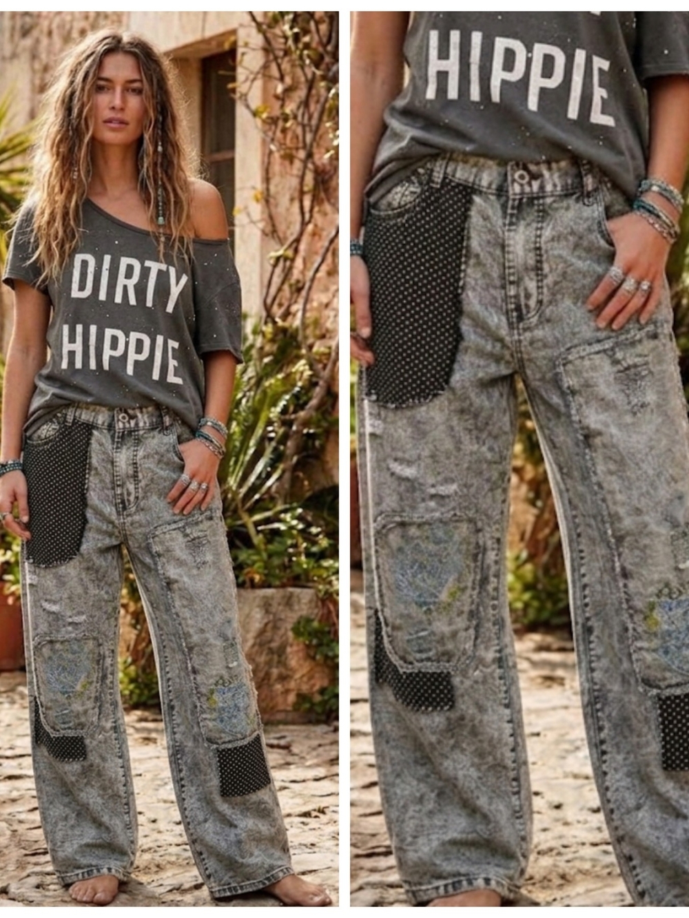 Relaxed Vintage Wash Women's Jeans in Grey with Patch Embroidered Details